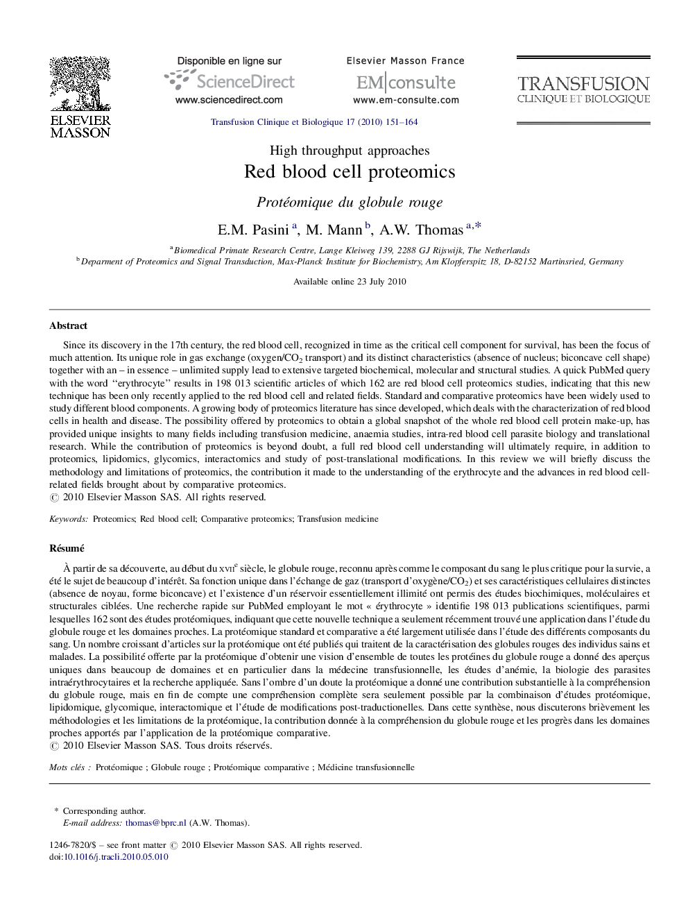 Red blood cell proteomics