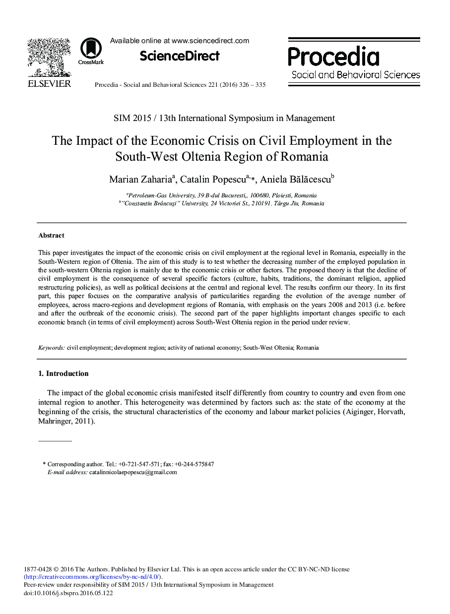 تاثیر بحران اقتصادی بر اشتغال مدنی در جنوب غرب منطقه اولتنیا رومانی