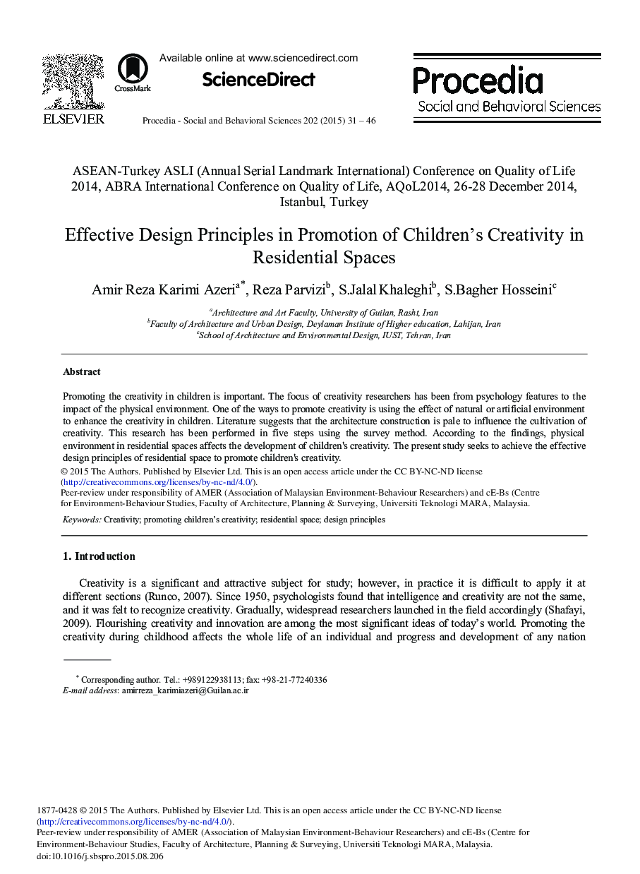 Effective Design Principles in Promotion of Children's Creativity in Residential Spaces 