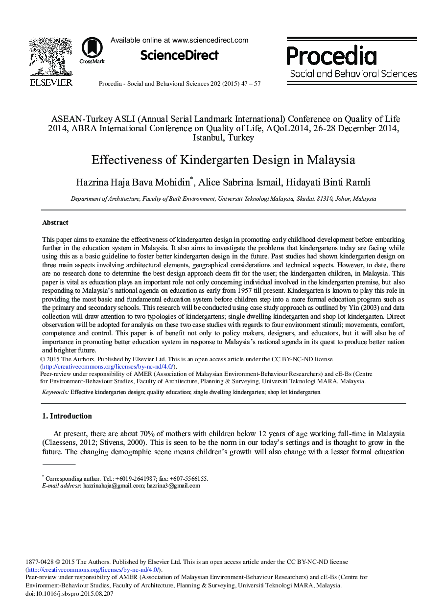 Effectiveness of Kindergarten Design in Malaysia 