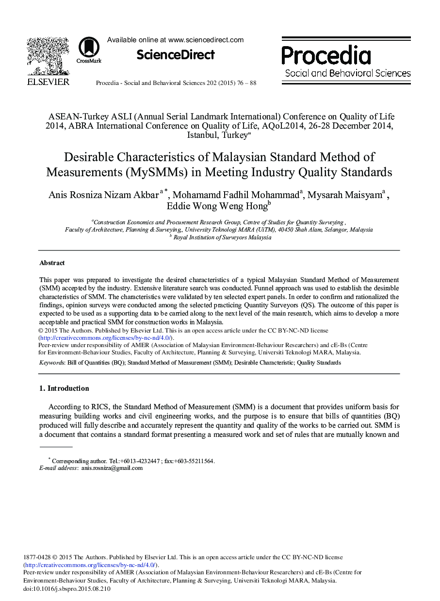 Desirable Characteristics of Malaysian Standard Method of Measurements (MySMMs) in Meeting Industry Quality Standards 