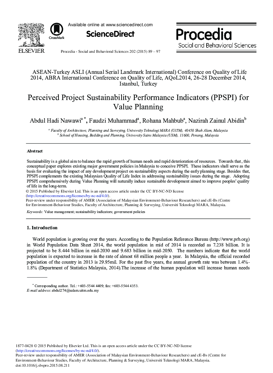 Perceived Project Sustainability Performance Indicators (PPSPI) for Value Planning 