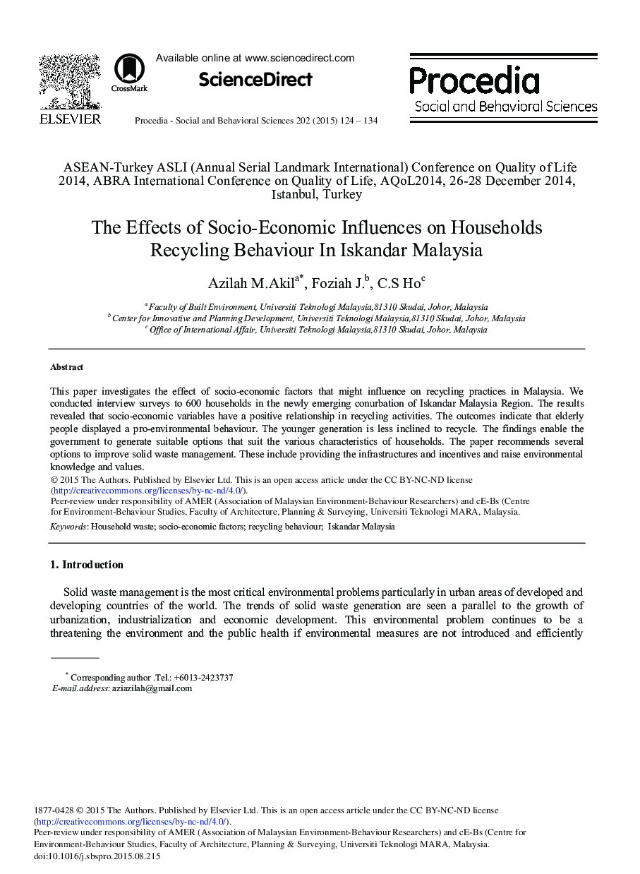 The Effects of Socio-Economic Influences on Households Recycling Behaviour in Iskandar Malaysia 
