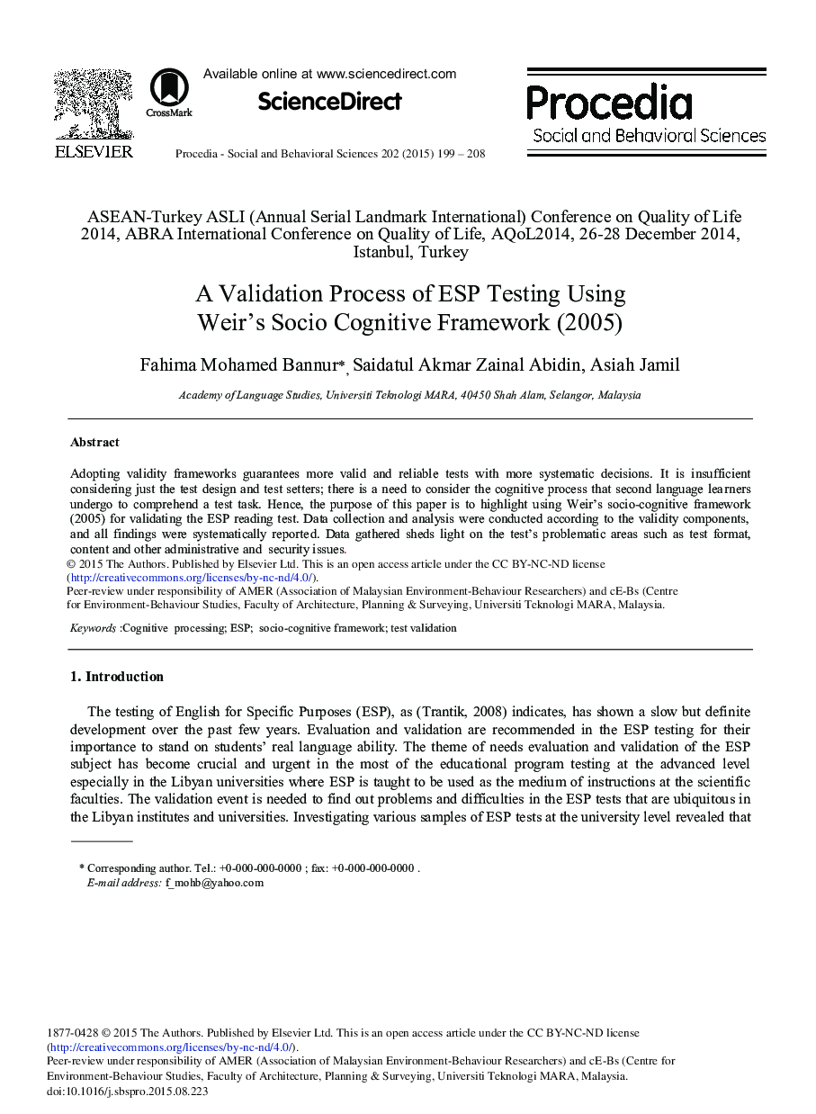 A Validation Process of ESP Testing Using Weir's Socio Cognitive Framework (2005) 