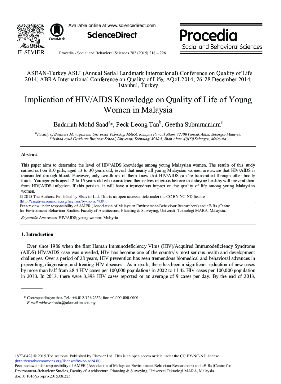Implication of HIV/AIDS Knowledge on Quality of Life of Young Women in Malaysia 