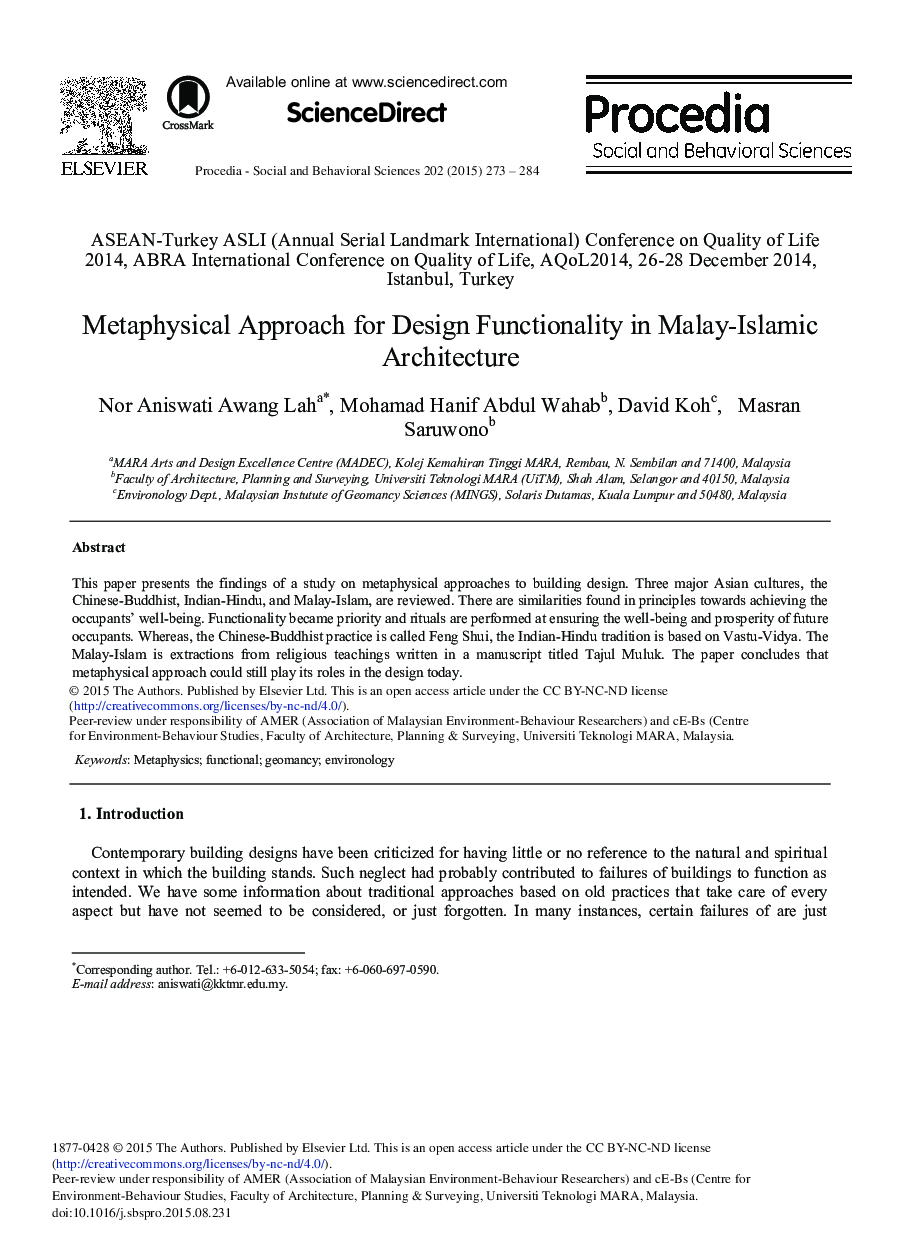 رویکرد متافیزیکی برای کارکرد طراحی در معماری مالزی-اسلامی 