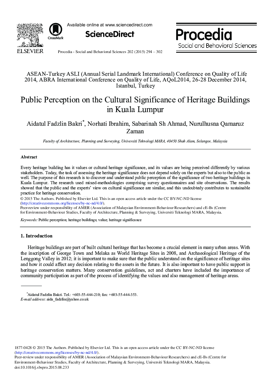 Public Perception on the Cultural Significance of Heritage Buildings in Kuala Lumpur 