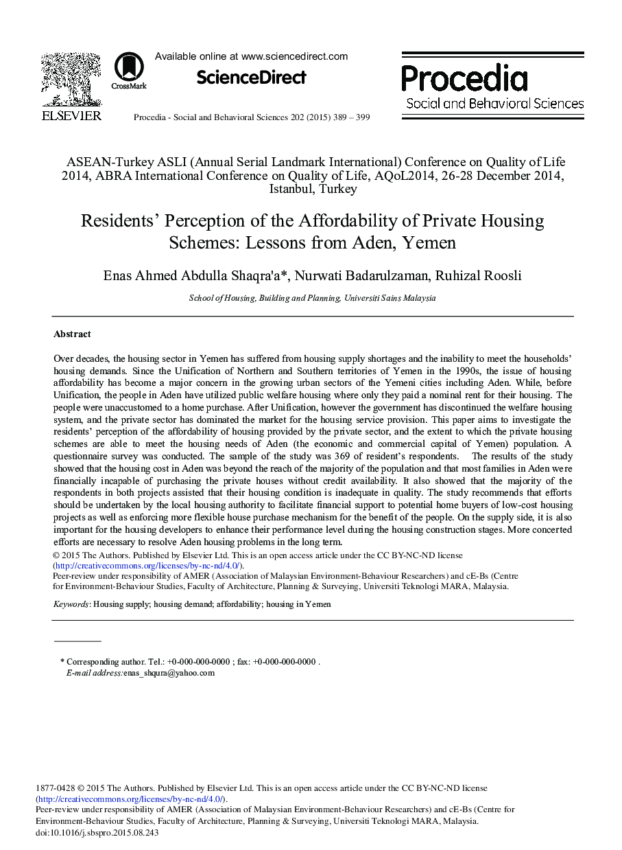 Residents’ Perception of the Affordability of Private Housing Schemes: Lessons from Aden, Yemen 