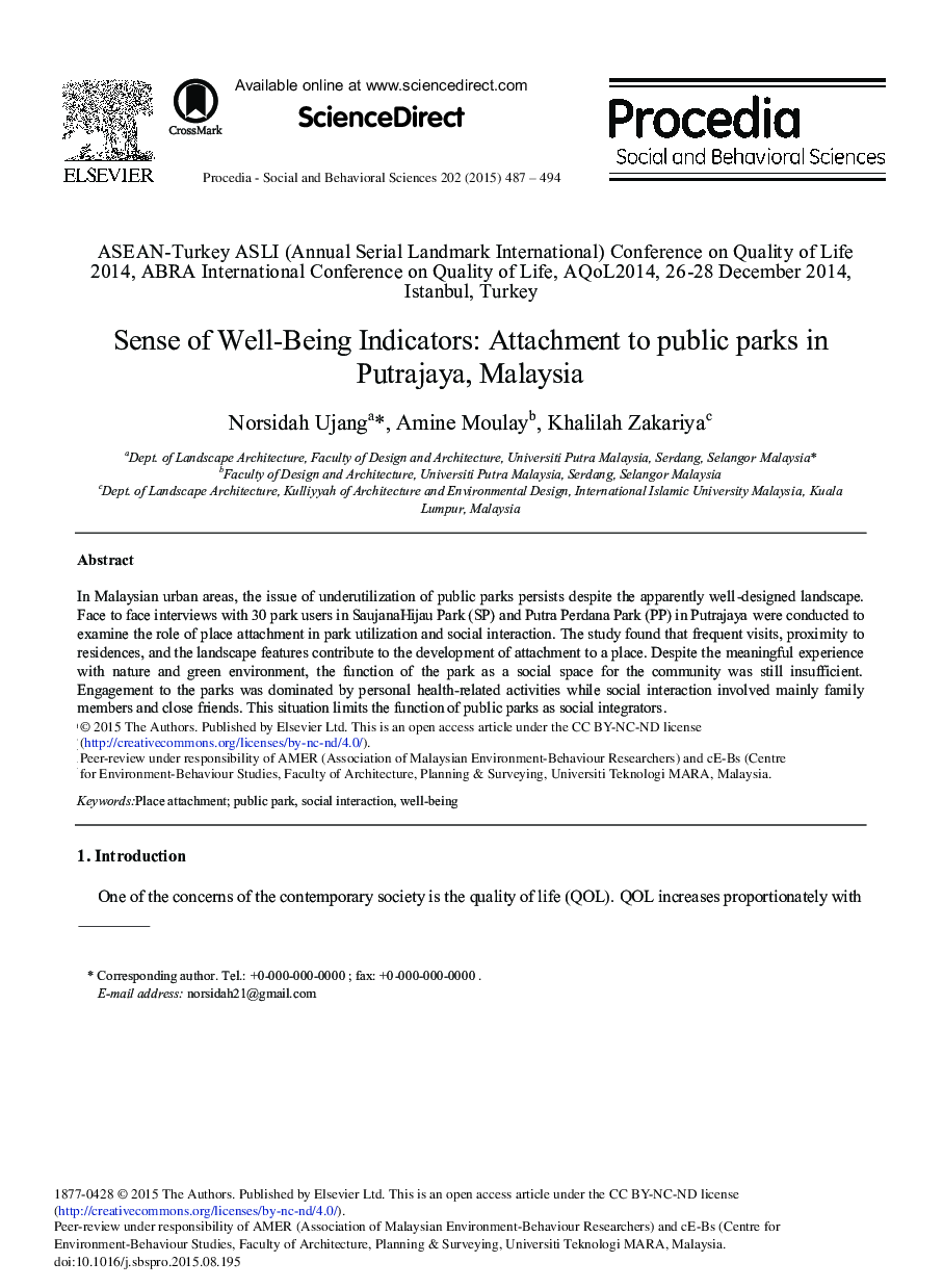 Sense of Well-Being Indicators: Attachment to public parks in Putrajaya, Malaysia 