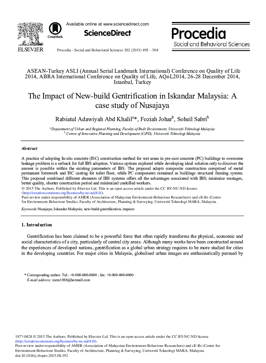 The Impact of New-build Gentrification in Iskandar Malaysia: A case study of Nusajaya 