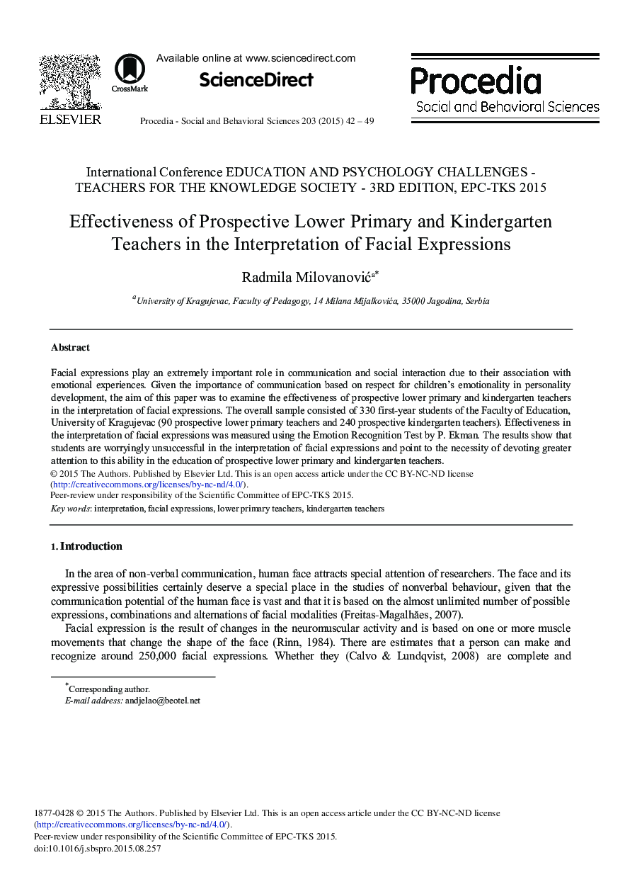 Effectiveness of Prospective Lower Primary and Kindergarten Teachers in the Interpretation of Facial Expressions 