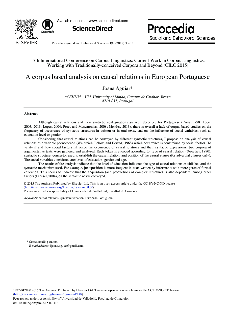 A Corpus Based Analysis on Causal Relations in European Portuguese 