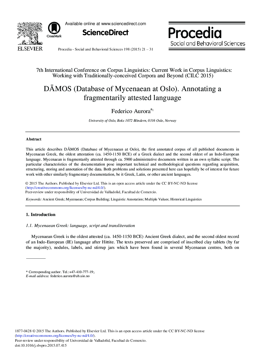 DĀMOS (Database of Mycenaean at Oslo). Annotating a Fragmentarily Attested Language 