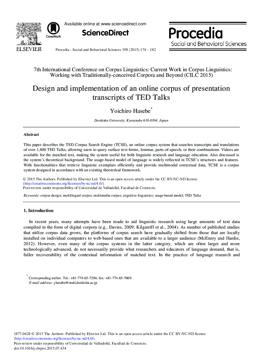 Design and Implementation of an Online Corpus of Presentation Transcripts of TED Talks 