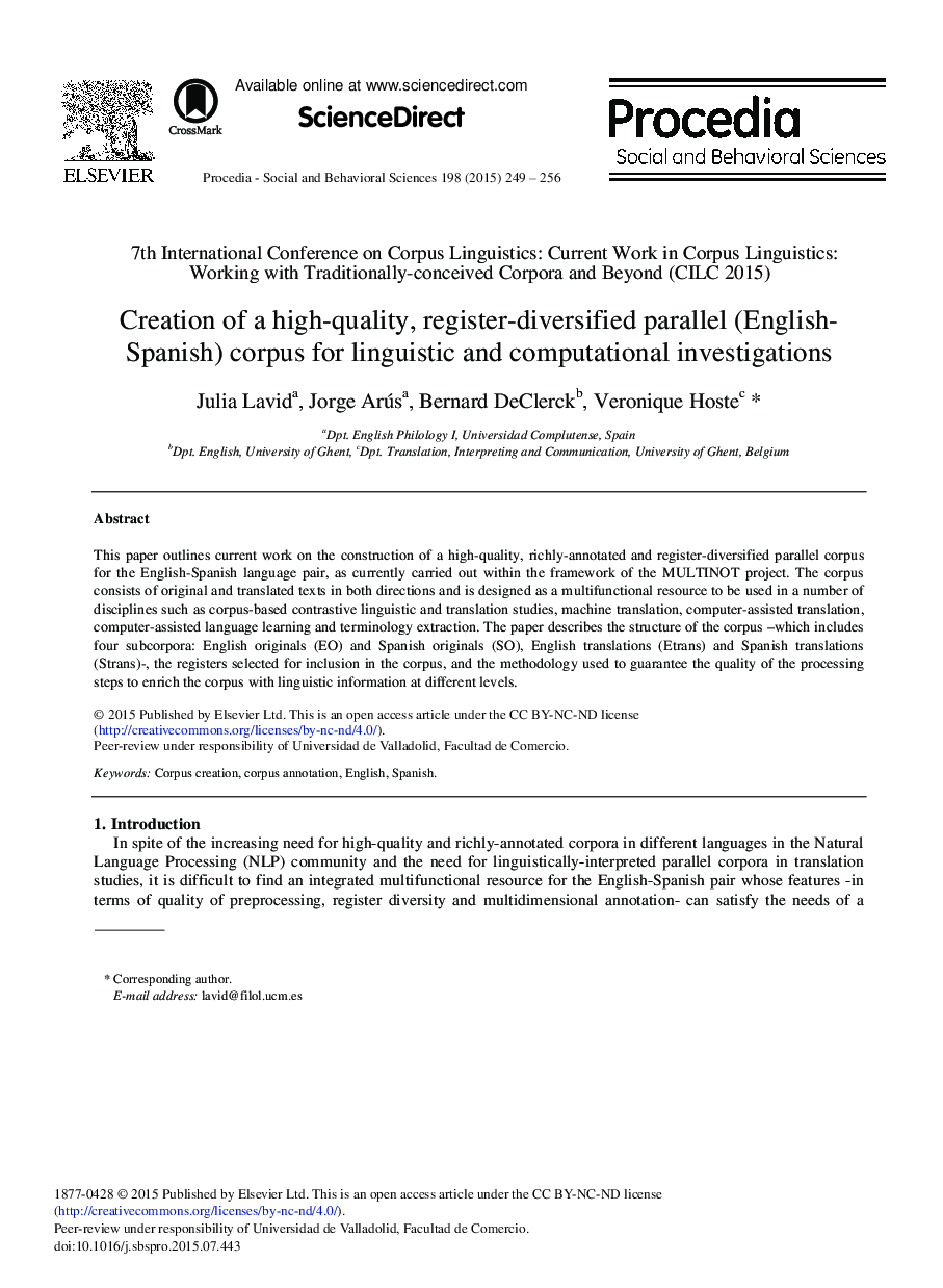 Creation of a High-quality, Register-diversified Parallel (English-Spanish) Corpus for Linguistic and Computational Investigations 