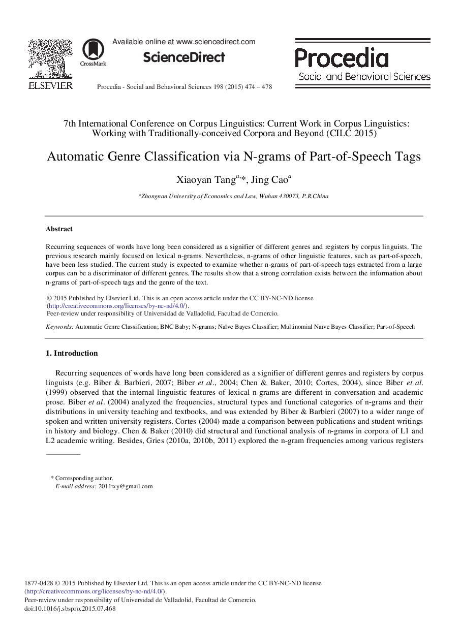 Automatic Genre Classification via N-grams of Part-of-Speech Tags 