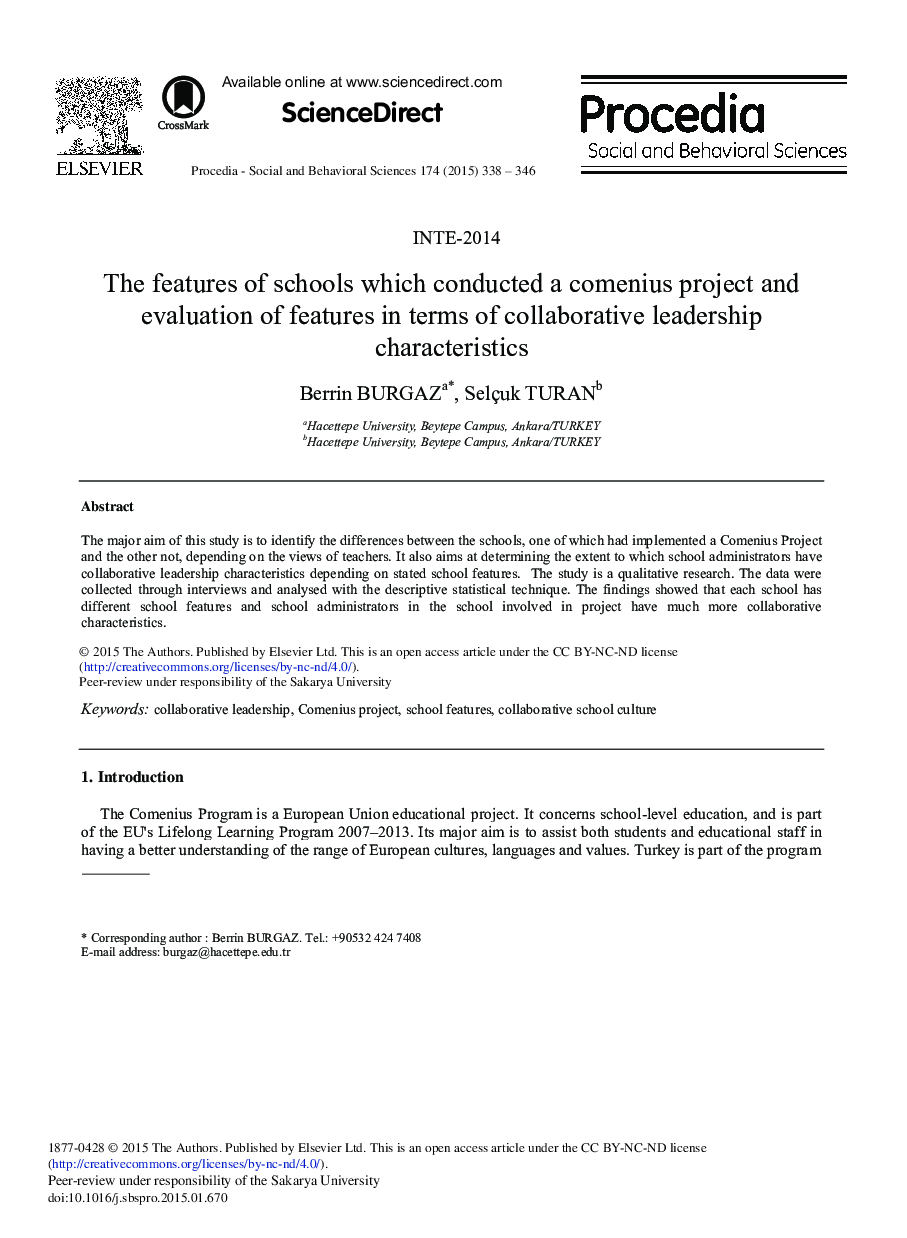 The Features of Schools which Conducted a Comenius Project and Evaluation of Features in Terms of Collaborative Leadership Characteristics 