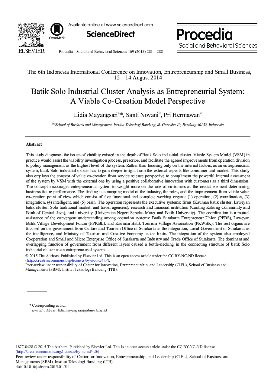 Batik Solo Industrial Cluster Analysis as Entrepreneurial System: A Viable Co-creation Model Perspective 