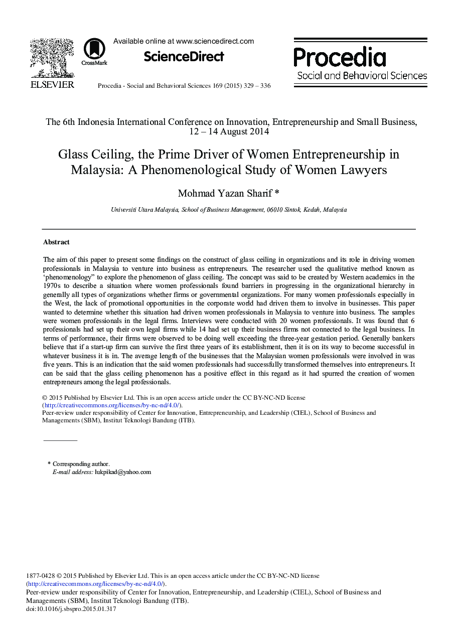 Glass Ceiling, the Prime Driver of Women Entrepreneurship in Malaysia: A Phenomenological Study of Women Lawyers 