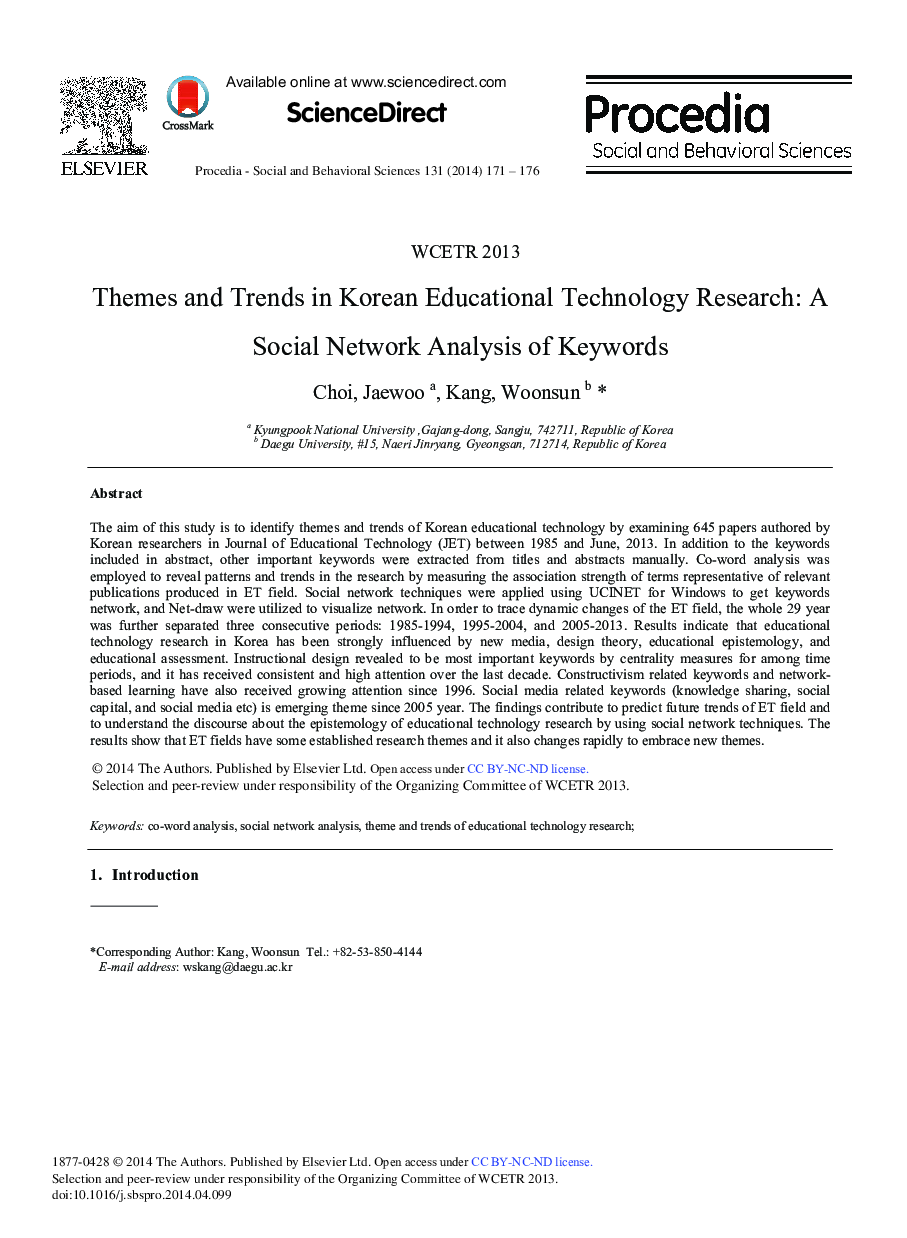 Themes and Trends in Korean Educational Technology Research: A Social Network Analysis of Keywords ★