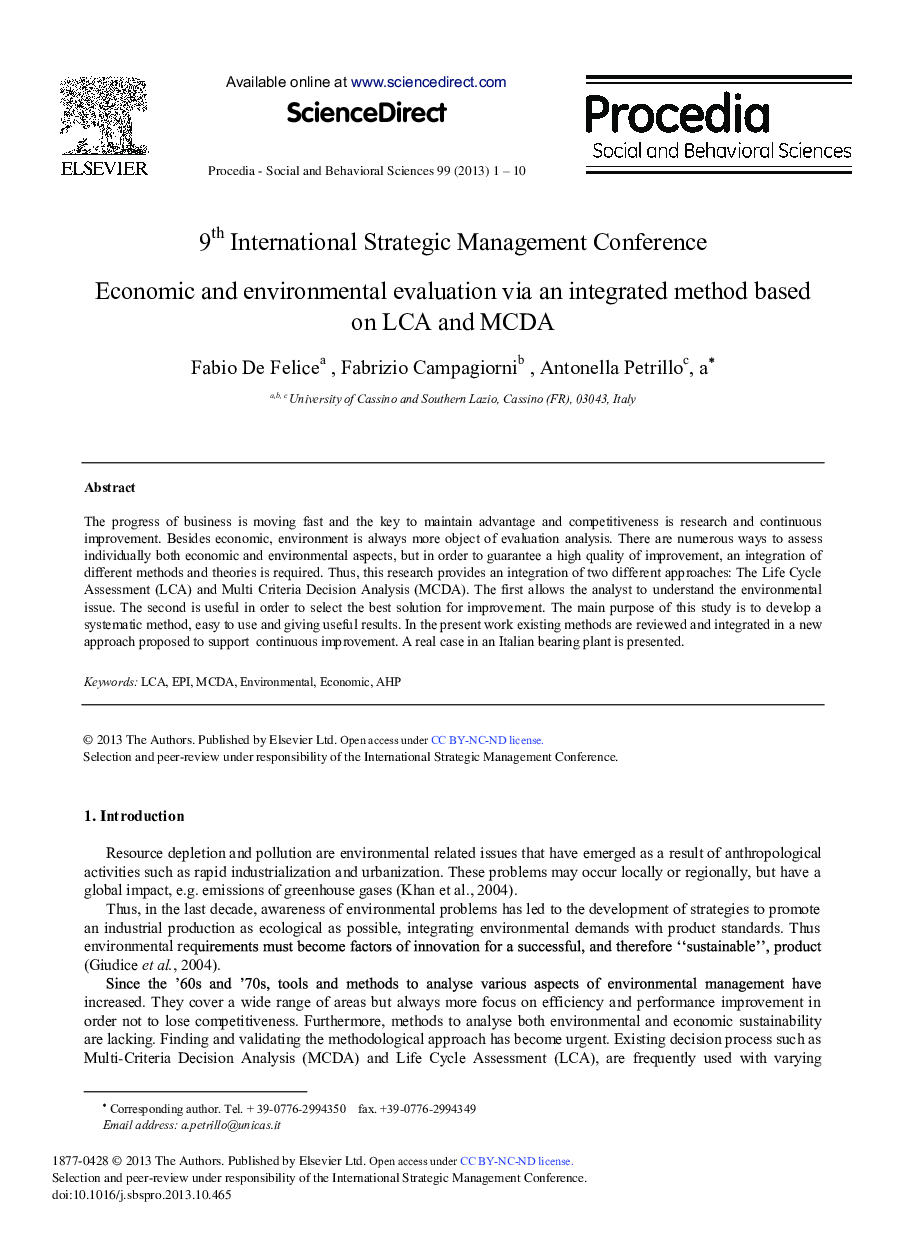 Economic and Environmental Evaluation Via an Integrated Method based on LCA and MCDA 