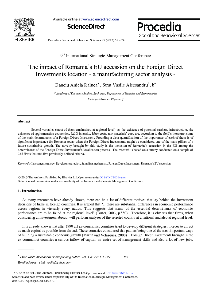The Impact of Romania's EU Accession on the Foreign Direct Investments Location–A Manufacturing Sector Analysis 