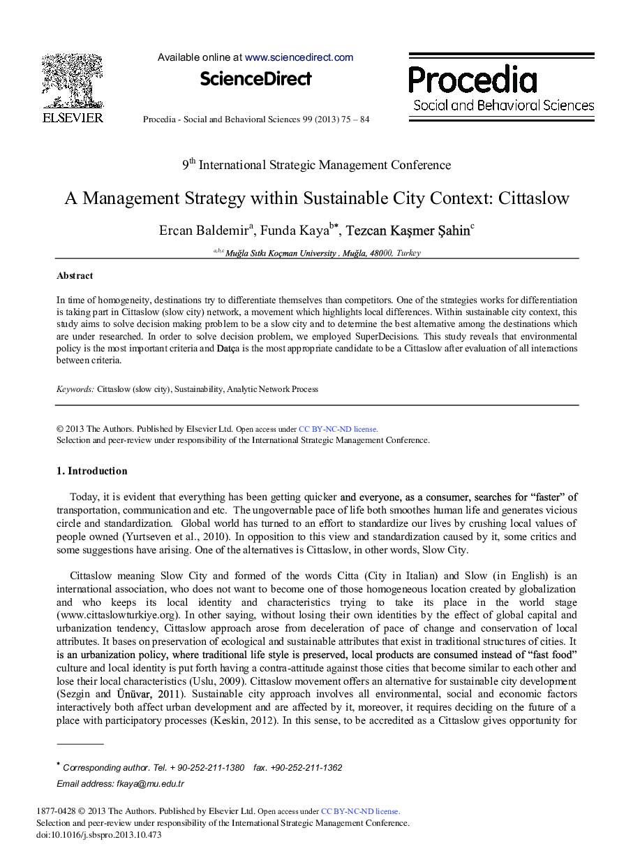 A Management Strategy within Sustainable City Context: Cittaslow 