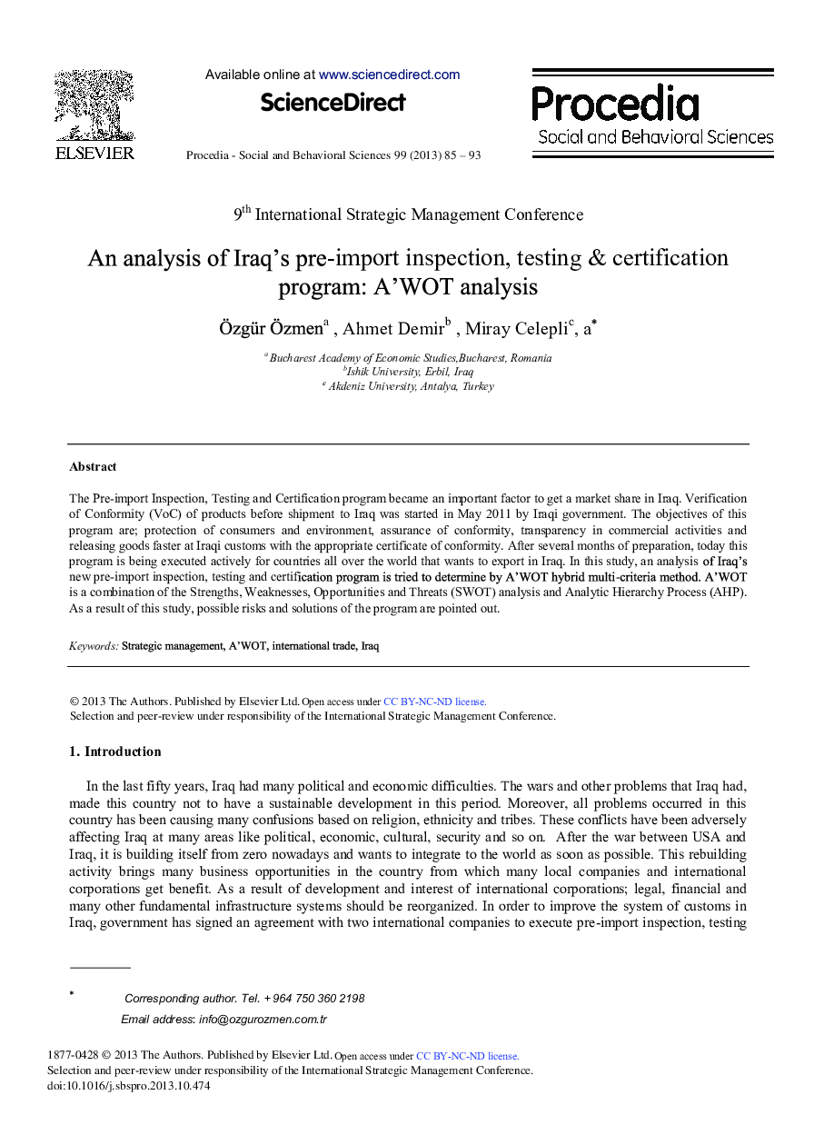 An Analysis of Iraq's Pre-import Inspection, Testing & Certification Program: A’WOT Analysis 