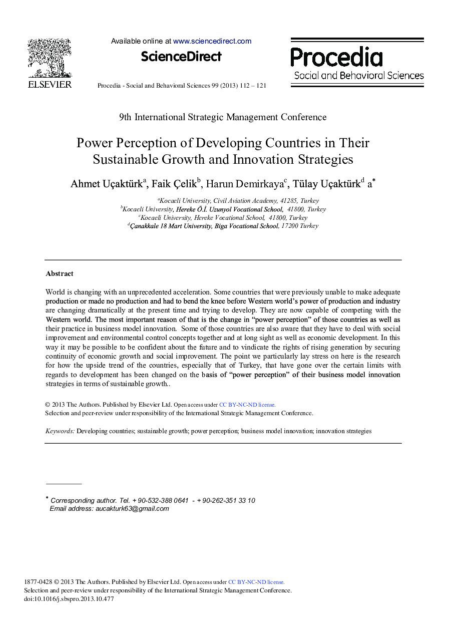 Power Perception of Developing Countries in their Sustainable Growth and Innovation Strategies 