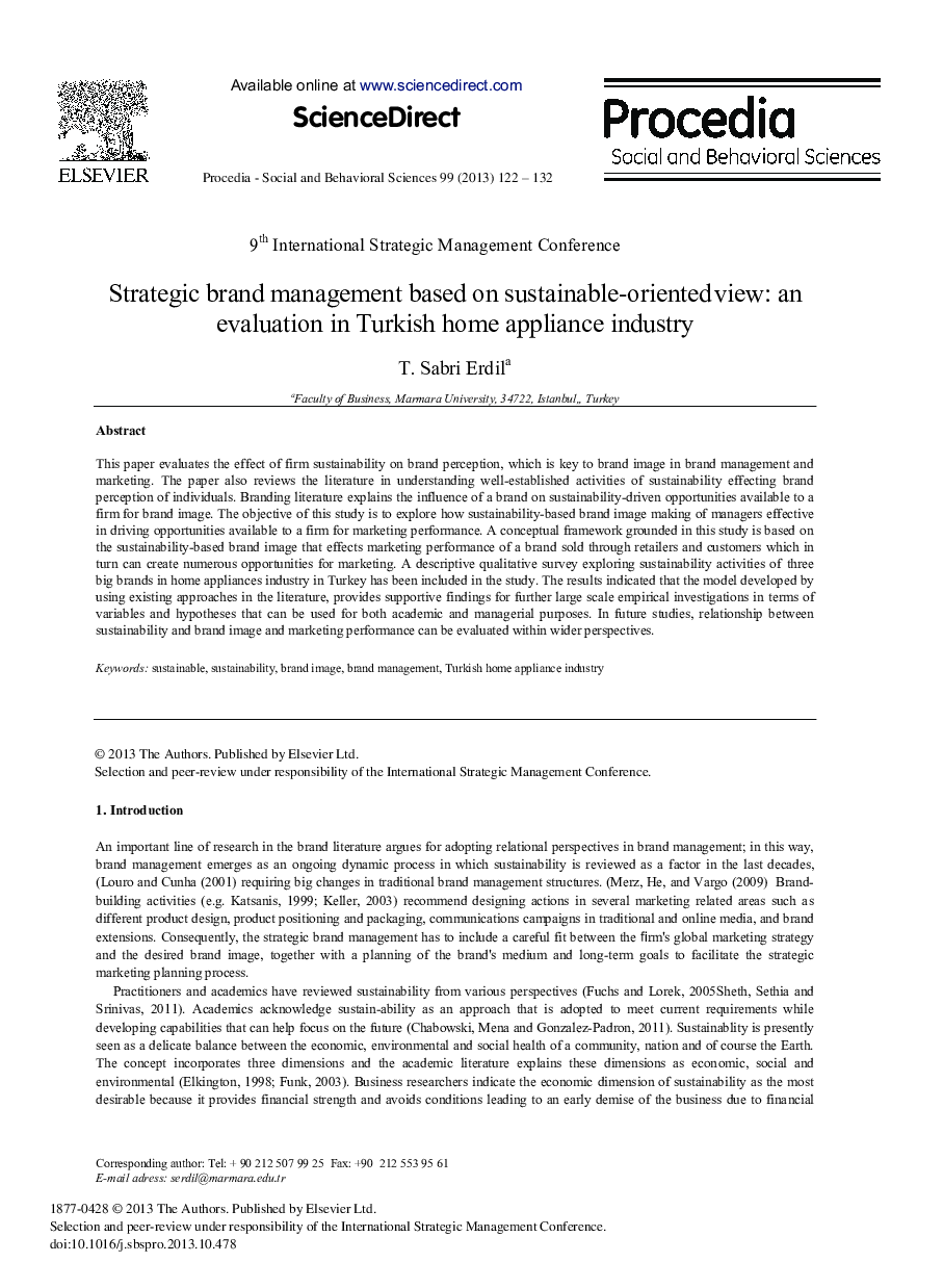 Strategic Brand Management based on Sustainable-oriented View: An Evaluation in Turkish Home Appliance Industry