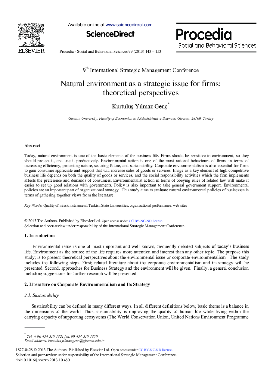Natural Environment as a Strategic Issue for Firms: Theoretical Perspectives 
