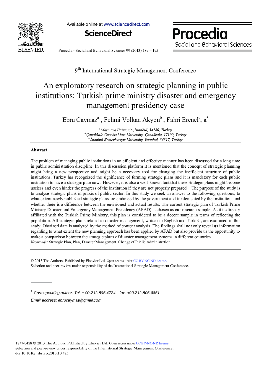 An Exploratory Research on Strategic Planning in Public Institutions: Turkish Prime Ministry Disaster and Emergency Management Presidency Case 