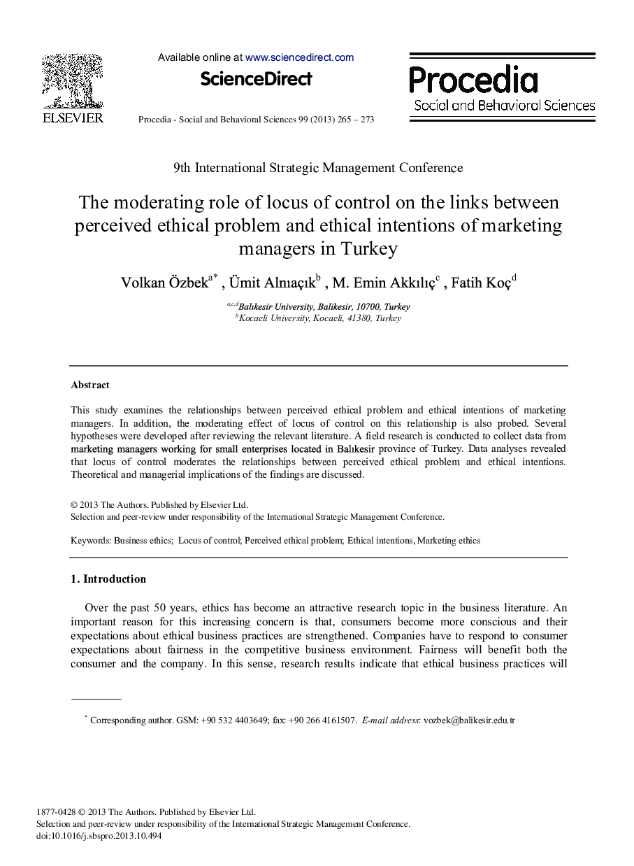 The Moderating Role of Locus of Control on the Links between Perceived Ethical Problem and Ethical Intentions of Marketing Managers in Turkey