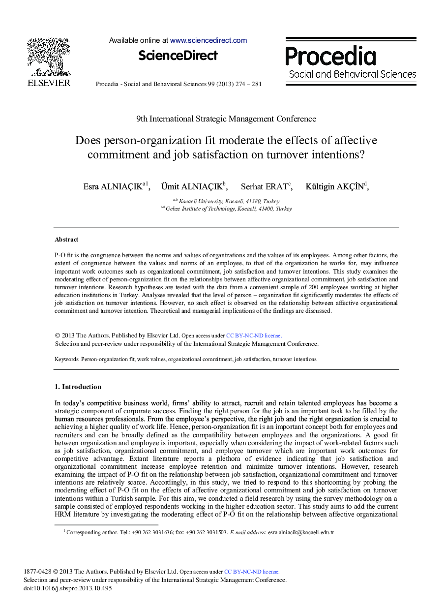 Does Person-organization Fit Moderate the Effects of Affective Commitment and Job Satisfaction on Turnover Intentions? 