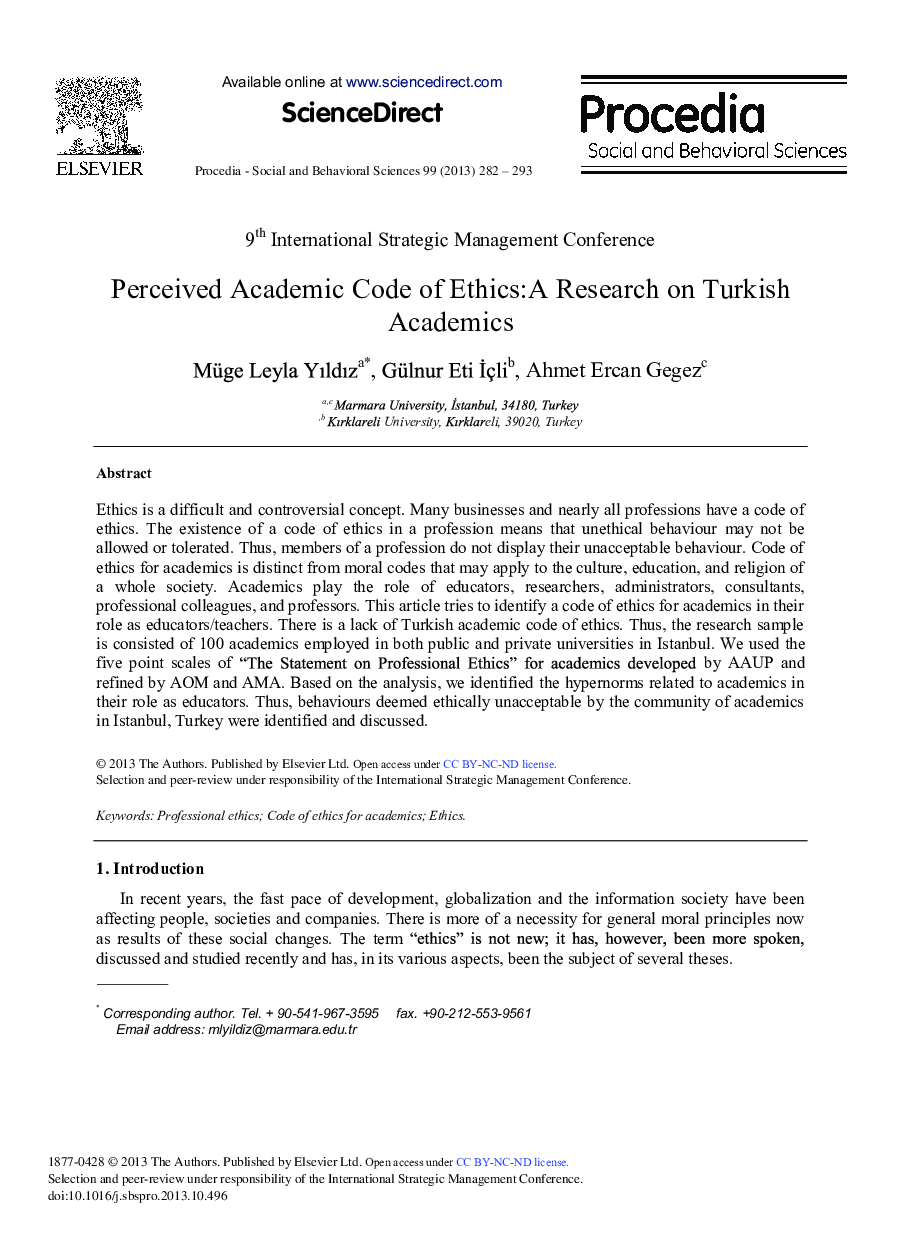 Perceived Academic Code of Ethics:A Research on Turkish Academics 