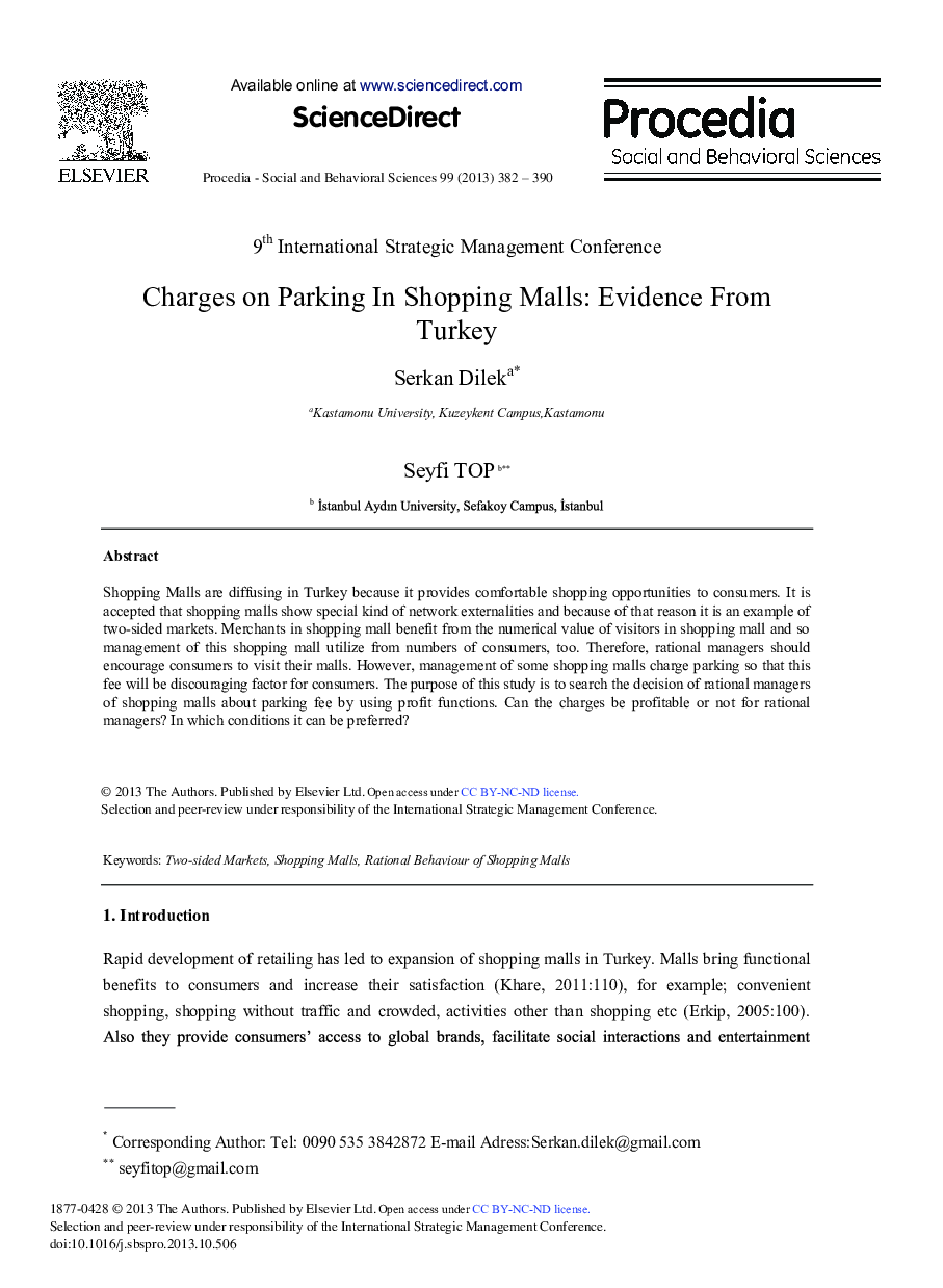 Charges on Parking in Shopping Malls: Evidence from Turkey 