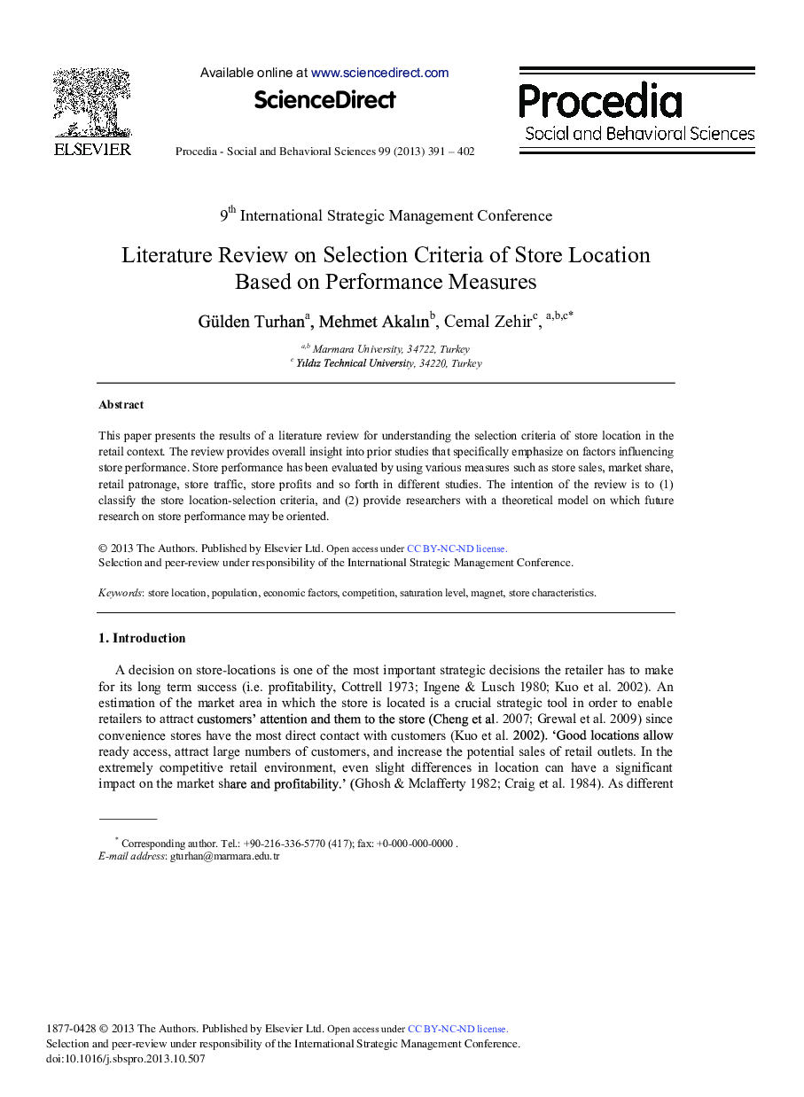 Literature Review on Selection Criteria of Store Location Based on Performance Measures 