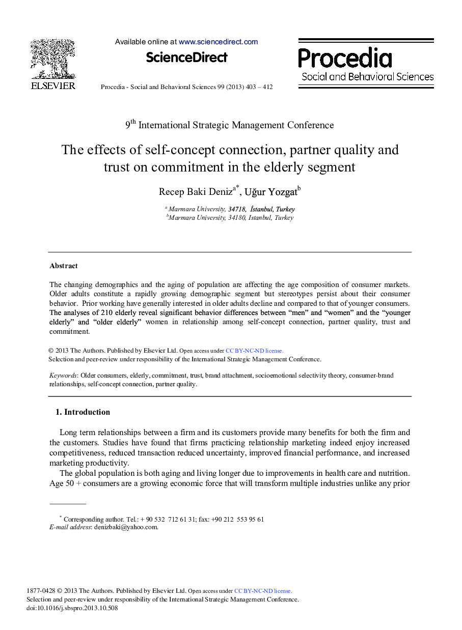 The Effects of Self-concept Connection, Partner Quality and Trust on Commitment in the Elderly Segment 