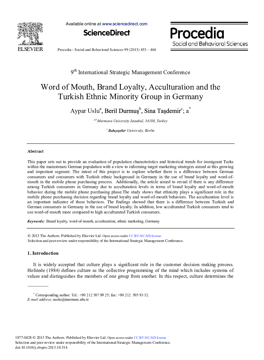 Word of Mouth, Brand Loyalty, Acculturation and the Turkish Ethnic Minority Group in Germany 