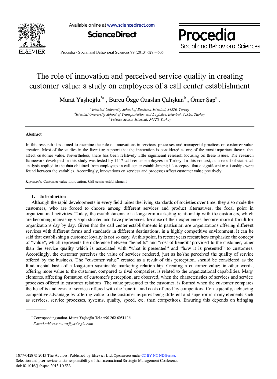The Role of Innovation and Perceived Service Quality in Creating Customer Value: A Study on Employees of a Call Center Establishment 
