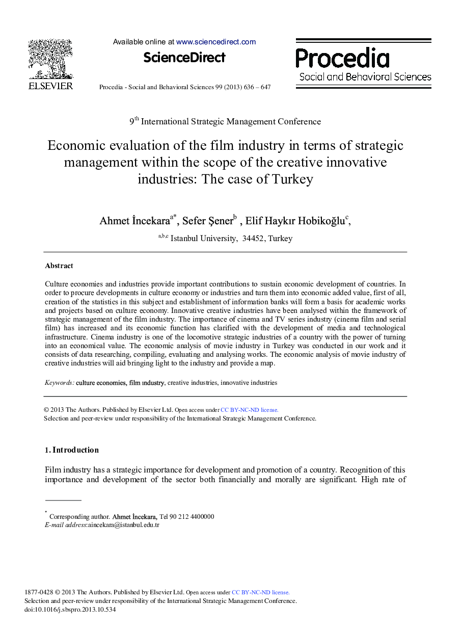 Economic Evaluation of the Film Industry in Terms of Strategic Management within the Scope of the Creative Innovative Industries: The Case of Turkey 