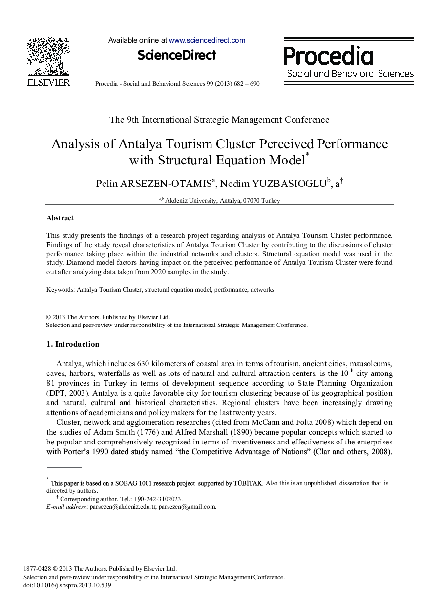 Analysis of Antalya Tourism Cluster Perceived Performance with Structural Equation Model