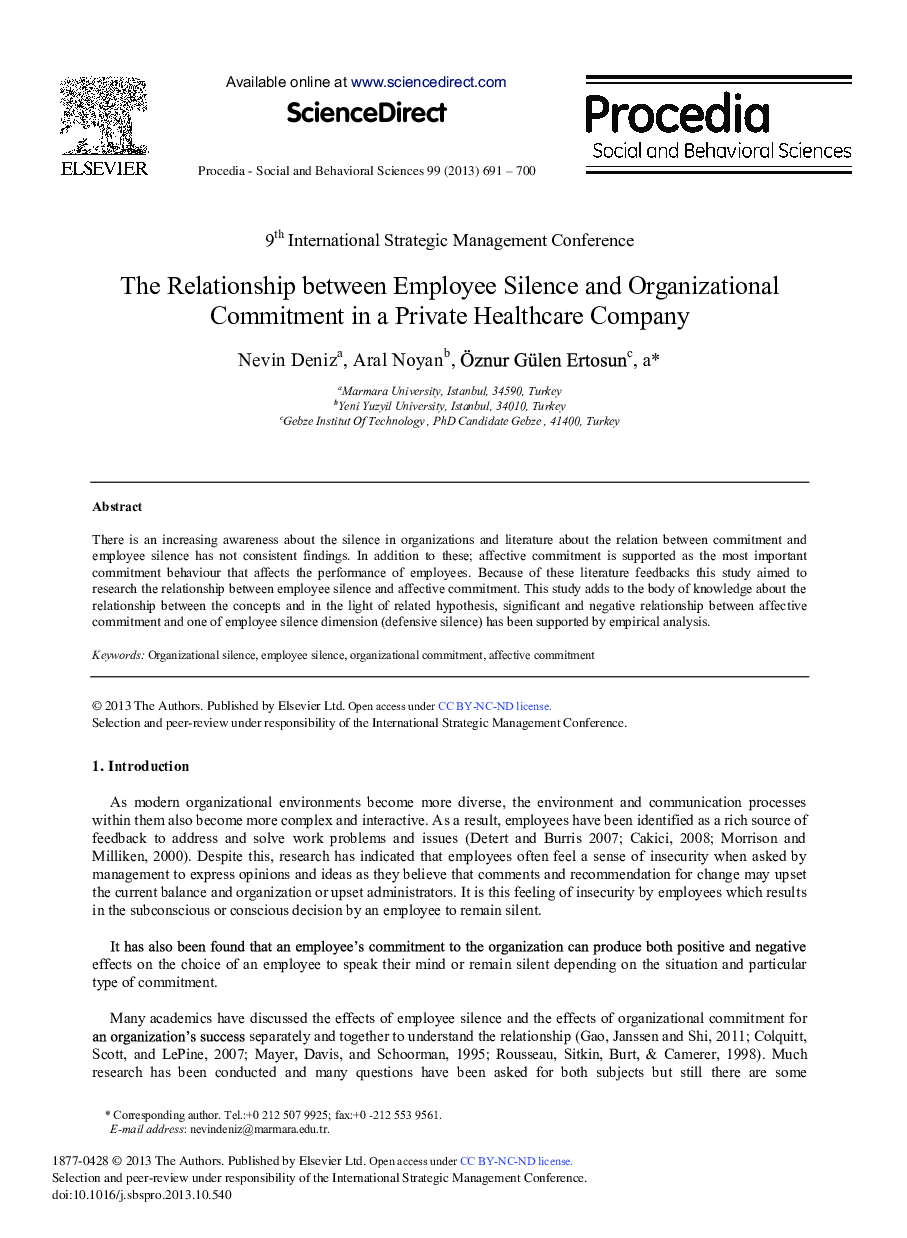 The Relationship between Employee Silence and Organizational Commitment in a Private Healthcare Company 