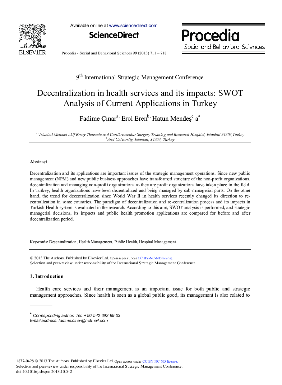 Decentralization in Health Services and its Impacts: SWOT Analysis of Current Applications in Turkey 