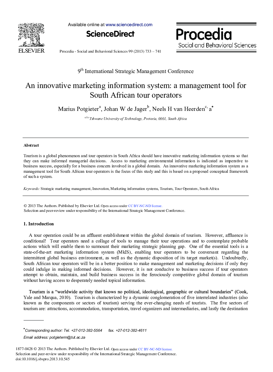 An Innovative Marketing Information System: A Management Tool for South African Tour Operators 