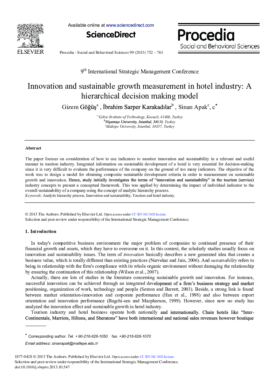 Innovation and Sustainable Growth Measurement in Hotel Industry: A Hierarchical Decision Making Model 