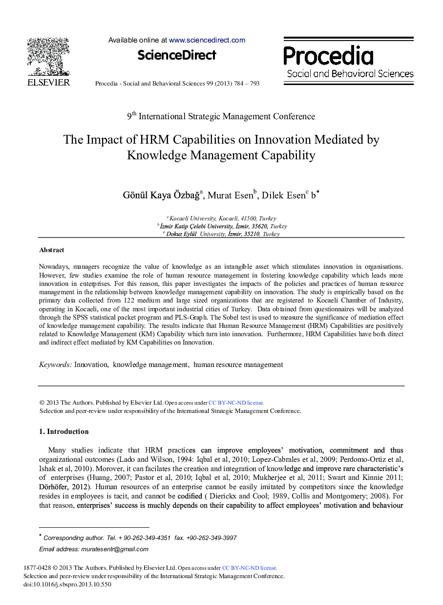 The Impact of HRM Capabilities on Innovation Mediated by Knowledge Management Capability 