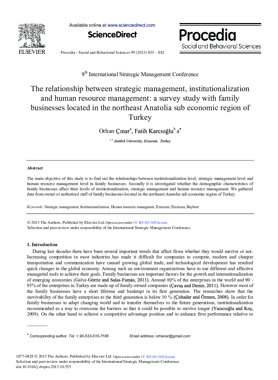 The Relationship between Strategic Management, Institutionalization and Human Resource Management: A Survey Study with Family Businesses Located in the Northeast Anatolia Sub Economic Region of Turkey 