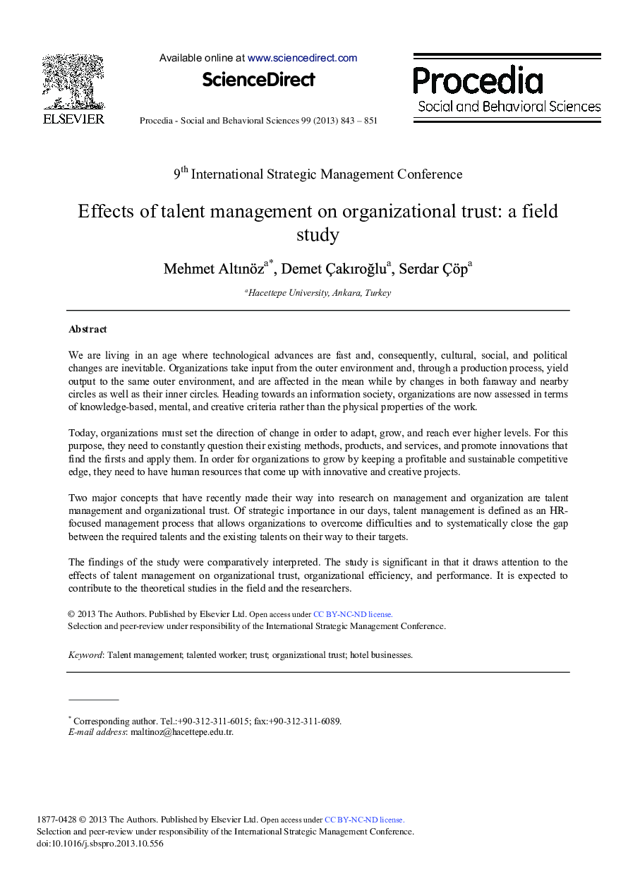 Effects of Talent Management on Organizational Trust: A Field Study 
