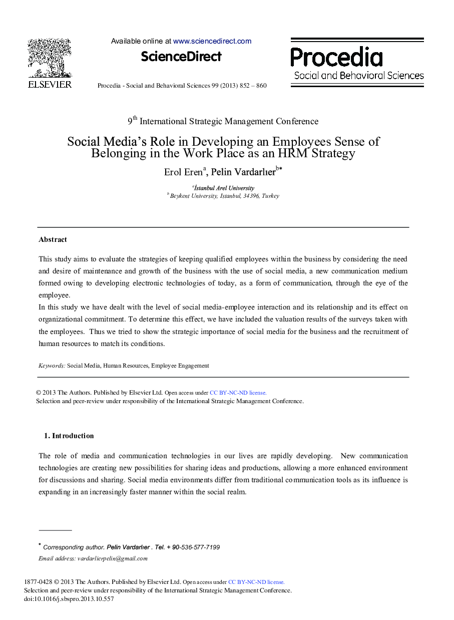 Social Media's Role in Developing an Employees Sense of Belonging in the Work Place as an HRM Strategy 